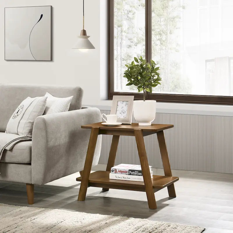 Mid-Century Modern Wood Shelf End Table, Walnut Finish