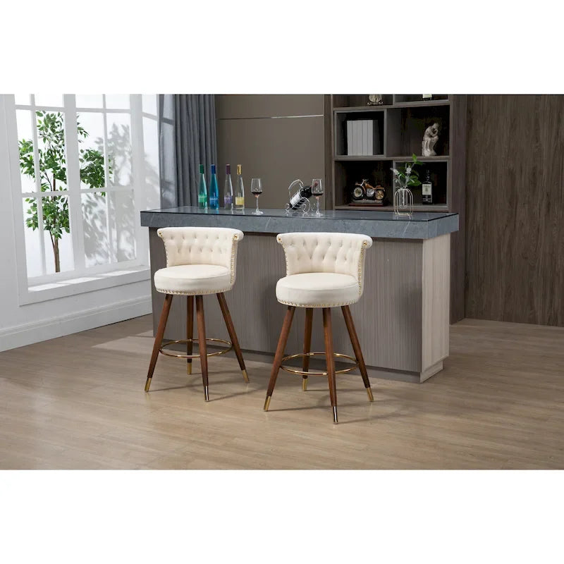 Vintage Upholstered Bar Stools with Backrest and Footrest, 360° Swivel