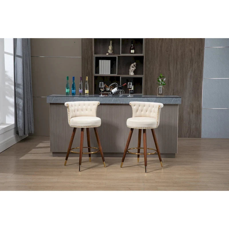 Vintage Upholstered Bar Stools with Backrest and Footrest, 360° Swivel