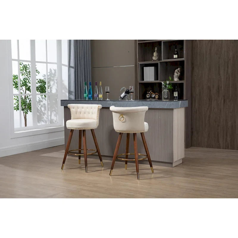 Vintage Upholstered Bar Stools with Backrest and Footrest, 360° Swivel
