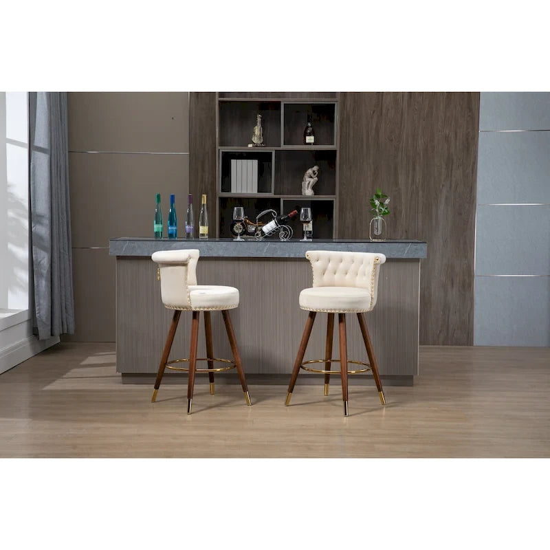 Vintage Upholstered Bar Stools with Backrest and Footrest, 360° Swivel