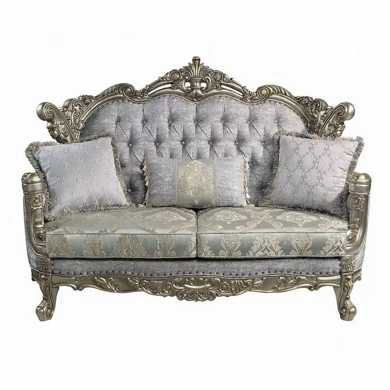 Loveseat with 3 Pillows, Gray Fabric, Antique Bronze Wood, 73"
