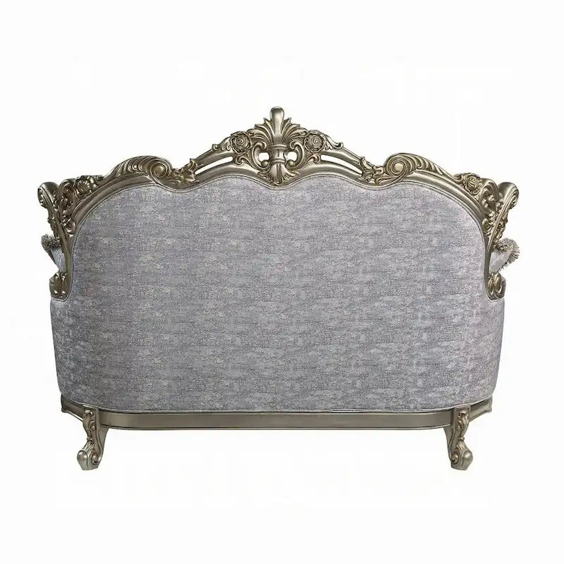 Loveseat with 3 Pillows, Gray Fabric, Antique Bronze Wood, 73"