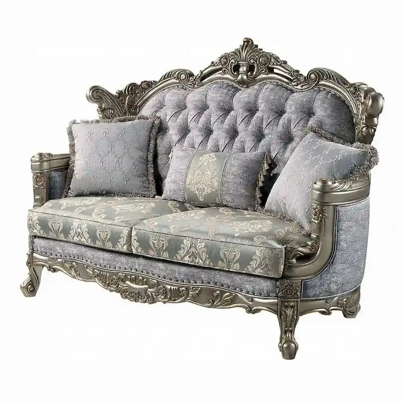 Loveseat with 3 Pillows, Gray Fabric, Antique Bronze Wood, 73"