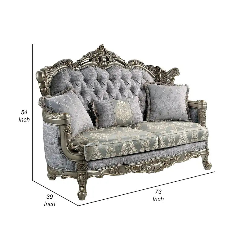 Loveseat with 3 Pillows, Gray Fabric, Antique Bronze Wood, 73"