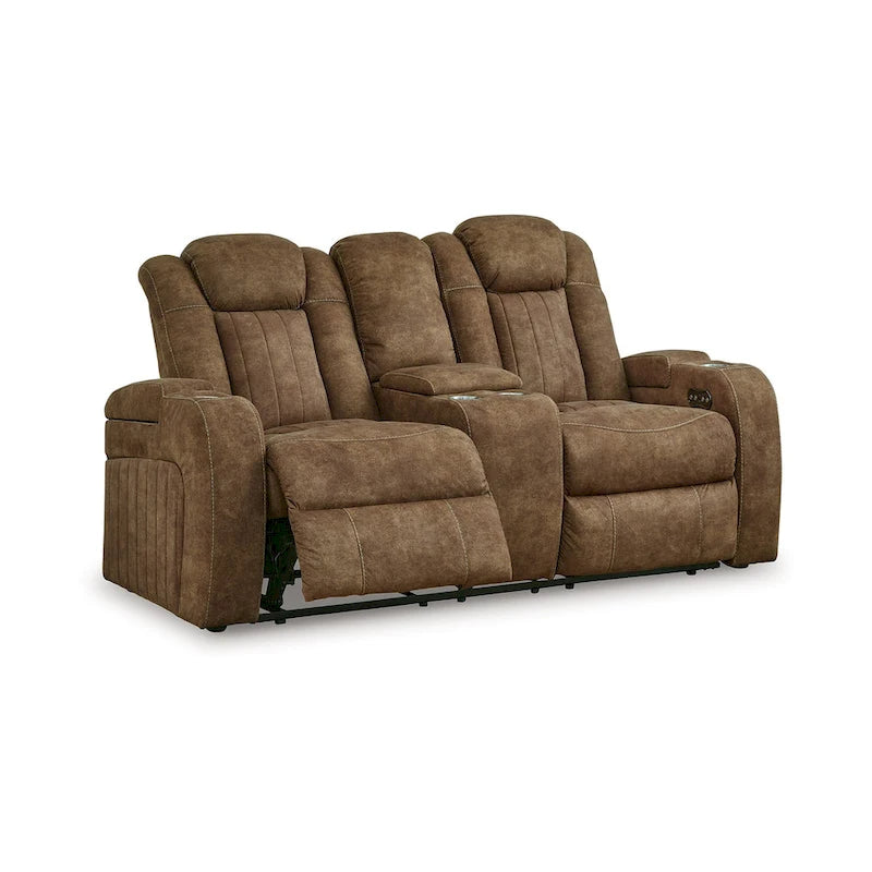 Power Recliner Console Loveseat with Adjustable Headrest, Gray Faux Suede