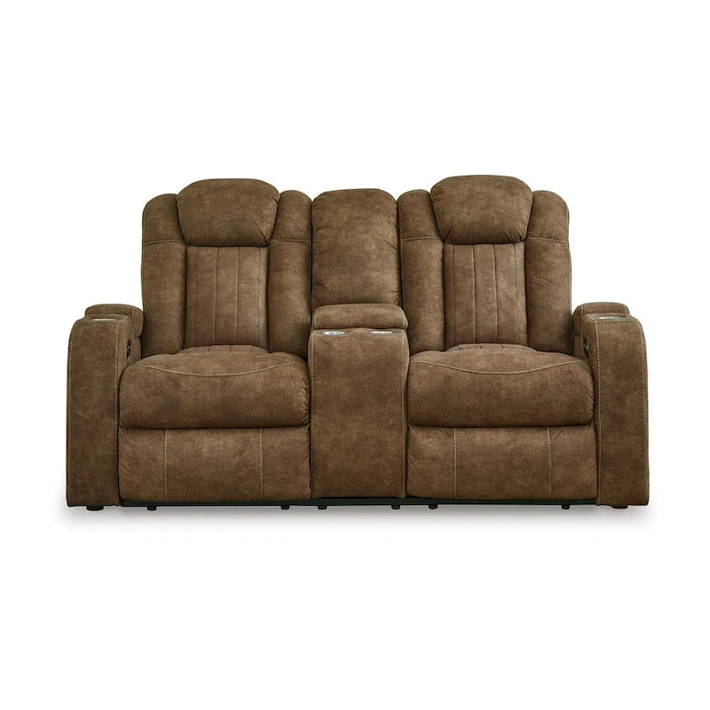 Power Recliner Console Loveseat with Adjustable Headrest, Gray Faux Suede