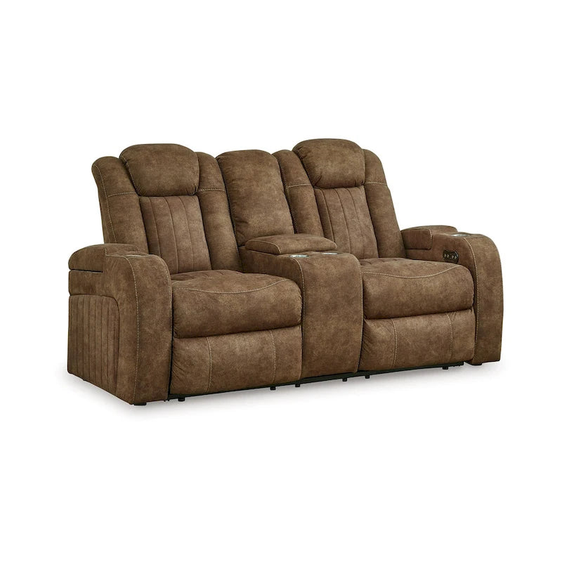 Power Recliner Console Loveseat with Adjustable Headrest, Gray Faux Suede