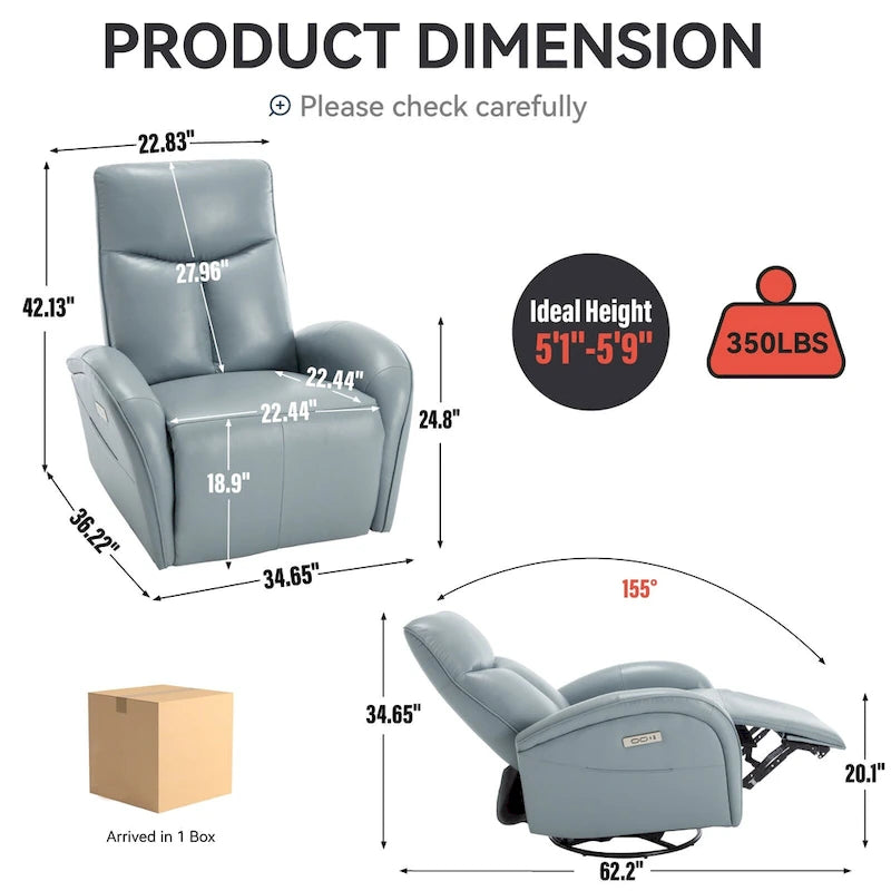 270° Genuine Leather Swivel Rocker Power Recliner with Lumbar Support