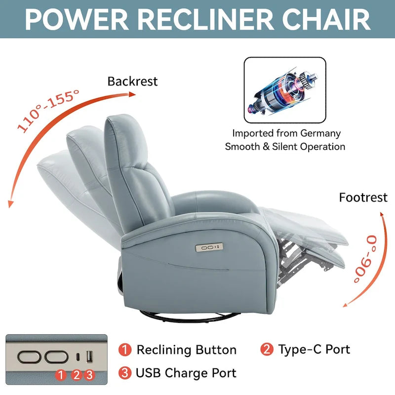 270° Genuine Leather Swivel Rocker Power Recliner with Lumbar Support