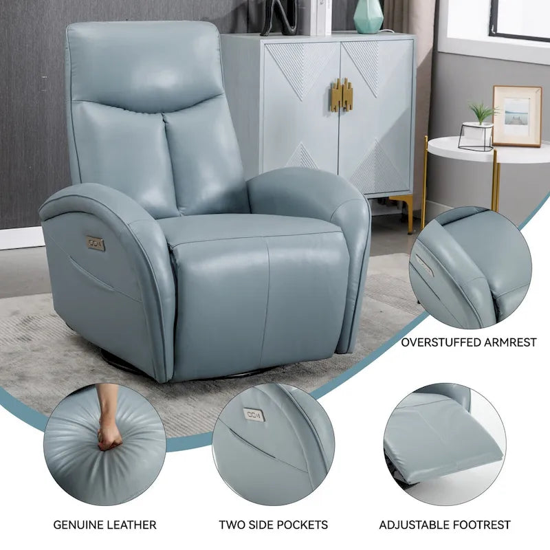 270° Genuine Leather Swivel Rocker Power Recliner with Lumbar Support
