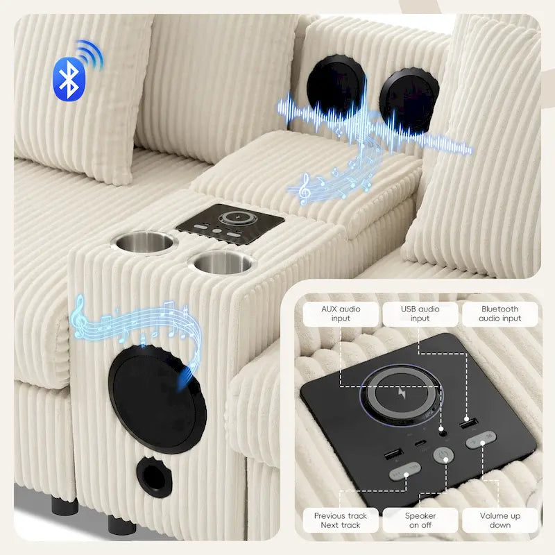 Corduroy Sectional Sofa w/ Bluetooth Speakers, L Shaped Couch