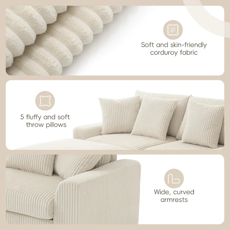 Corduroy Sectional Sofa w/ Bluetooth Speakers, L Shaped Couch
