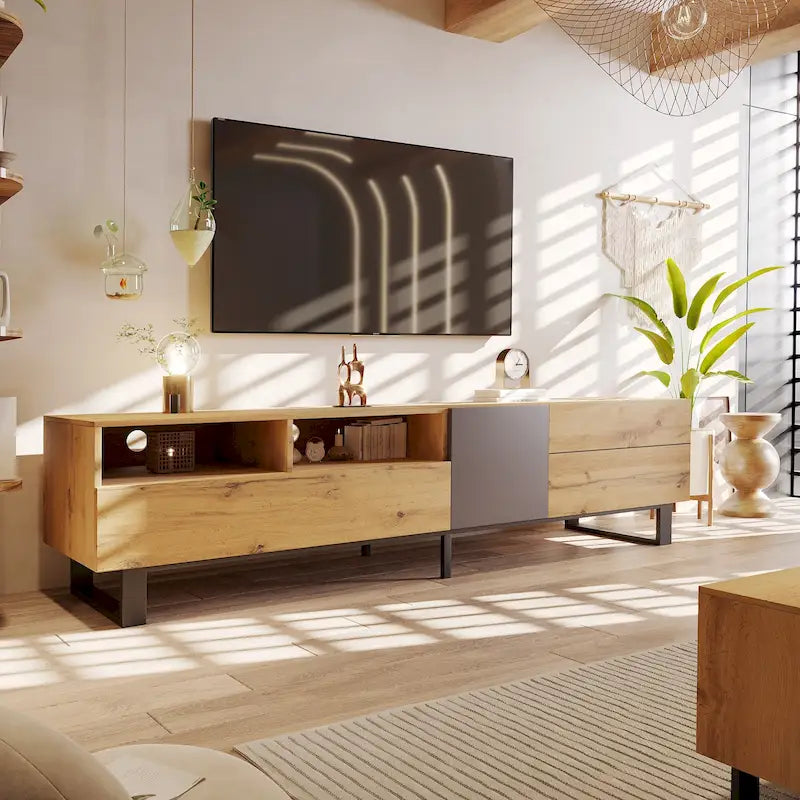 TV Stand for 80 TV with Double Storage Space, Media Console Table, Entertainment Center with Drop Down Door