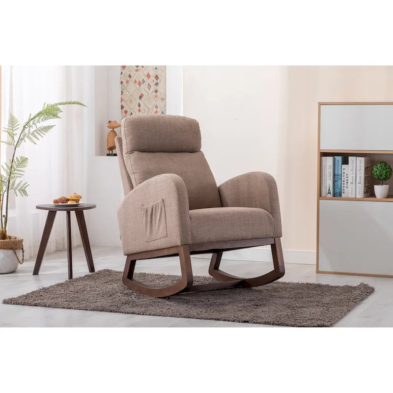 Modern 27 Upholstered Rocking Chair with Wood Legs and Side Pocket
