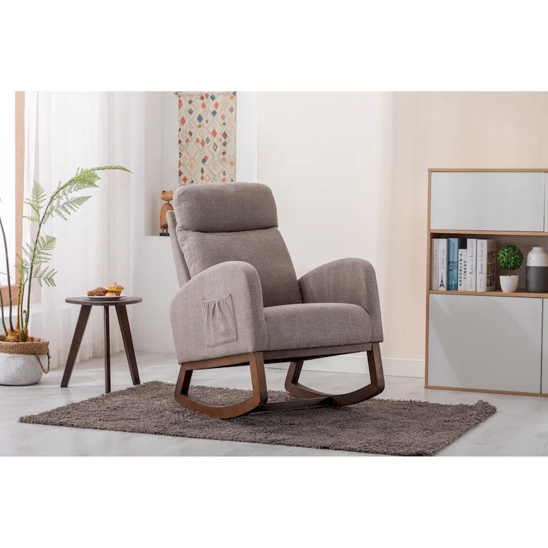 Modern 27 Upholstered Rocking Chair with Wood Legs and Side Pocket