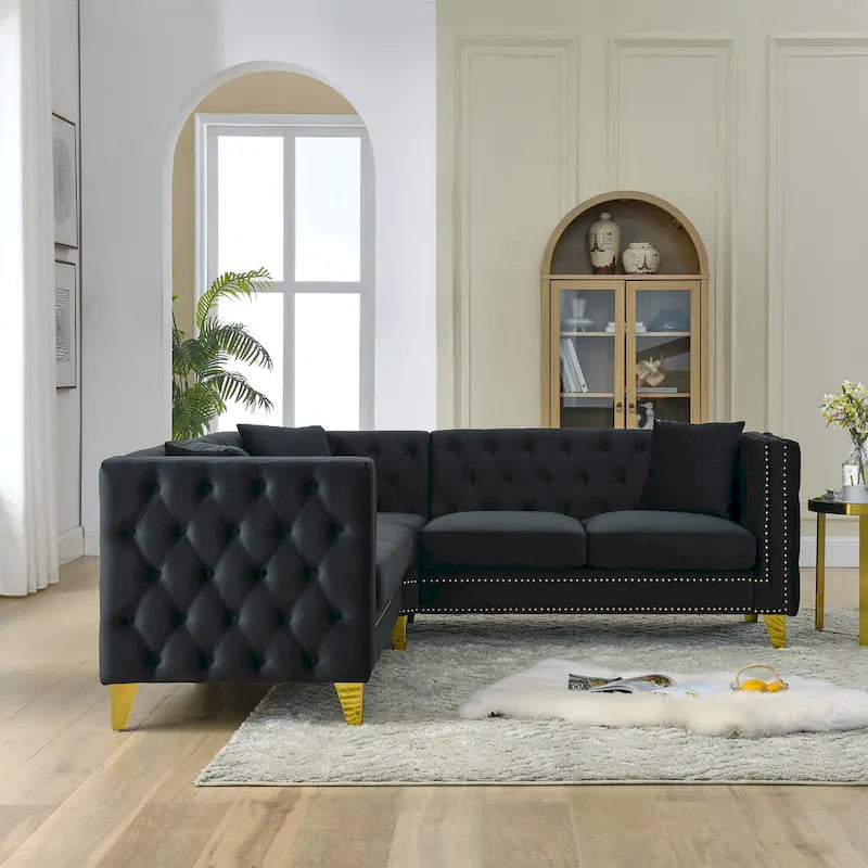 Black 82.2 Velvet Chesterfield L-Shaped 5-Seater Sectional Sofa with Nailhead Trim, Metal Legs, and Tufted Cushions