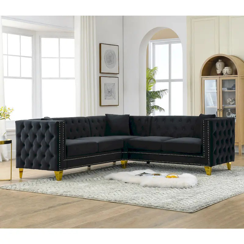 Black 82.2 Velvet Chesterfield L-Shaped 5-Seater Sectional Sofa with Nailhead Trim, Metal Legs, and Tufted Cushions