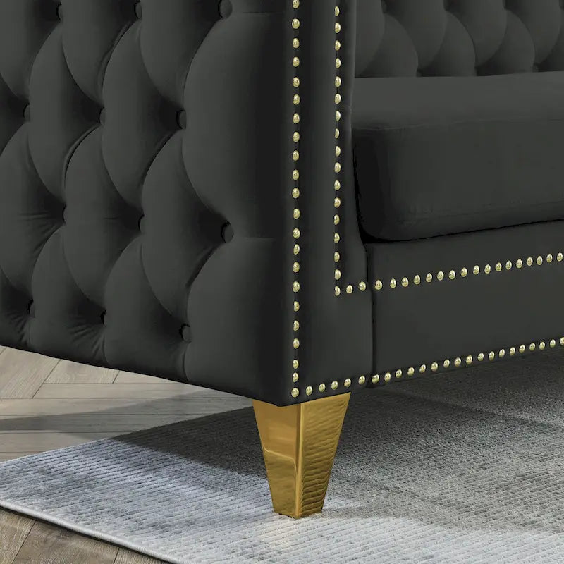 Black 82.2 Velvet Chesterfield L-Shaped 5-Seater Sectional Sofa with Nailhead Trim, Metal Legs, and Tufted Cushions