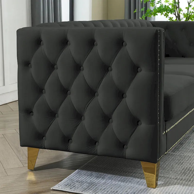 Black 82.2 Velvet Chesterfield L-Shaped 5-Seater Sectional Sofa with Nailhead Trim, Metal Legs, and Tufted Cushions