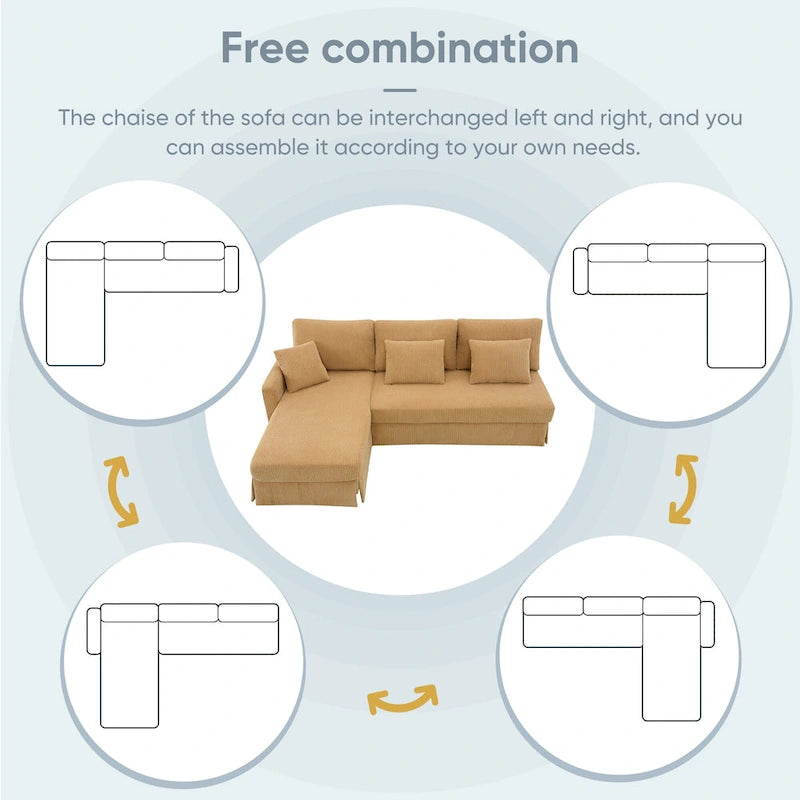 Yellow 87 L-Shaped 3-Seater Sofa with Reversible Chaise and 3 Cushions, Space-Saving Design for Living Room