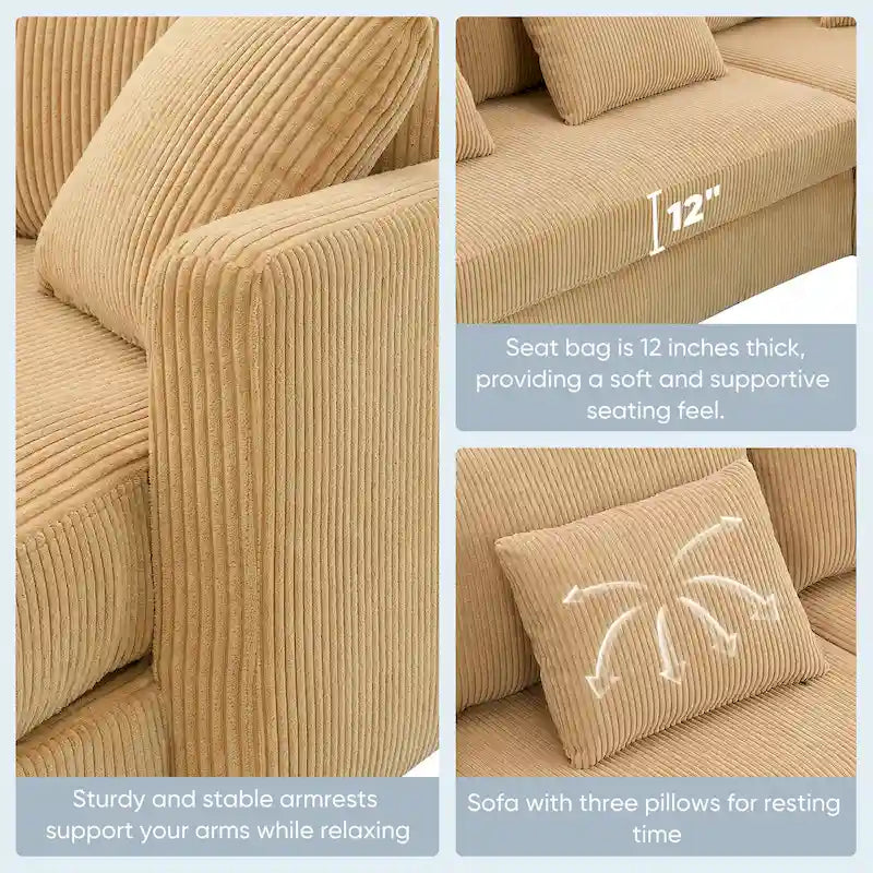 Yellow 87 L-Shaped 3-Seater Sofa with Reversible Chaise and 3 Cushions, Space-Saving Design for Living Room