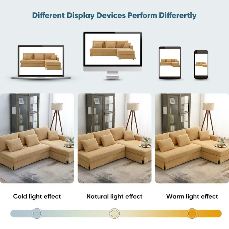 Yellow 87 L-Shaped 3-Seater Sofa with Reversible Chaise and 3 Cushions, Space-Saving Design for Living Room