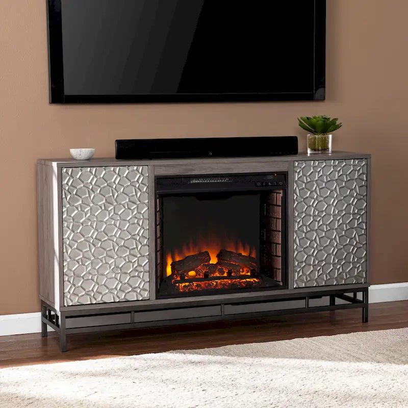 Contemporary Gray Wood Electric Fireplace with Media Storage