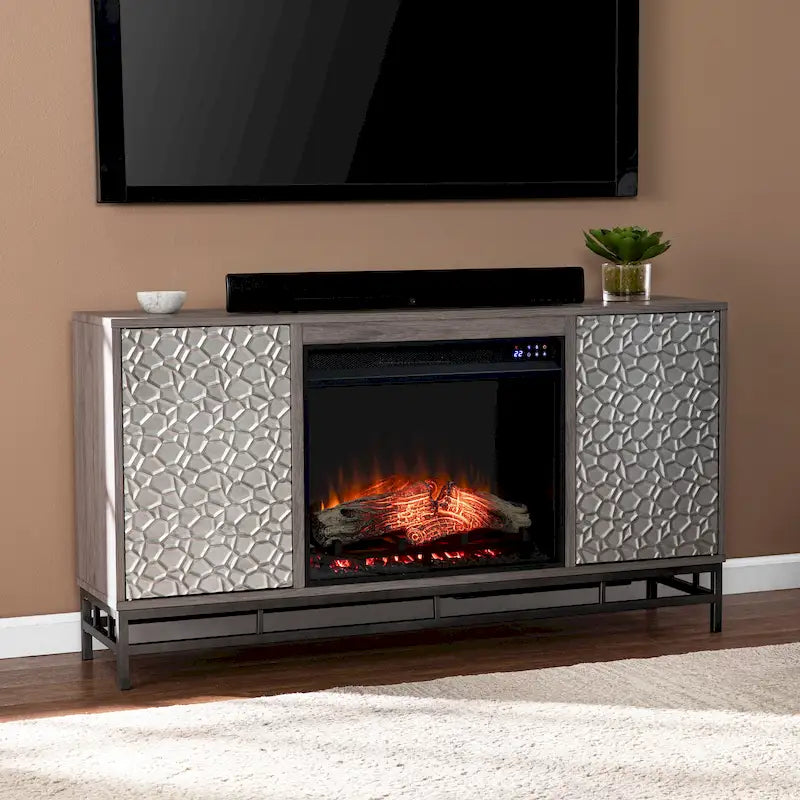 Contemporary Gray Wood Electric Fireplace with Media Storage