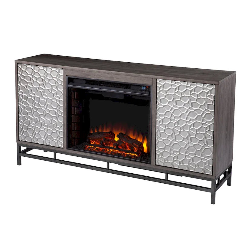 Contemporary Gray Wood Electric Fireplace with Media Storage