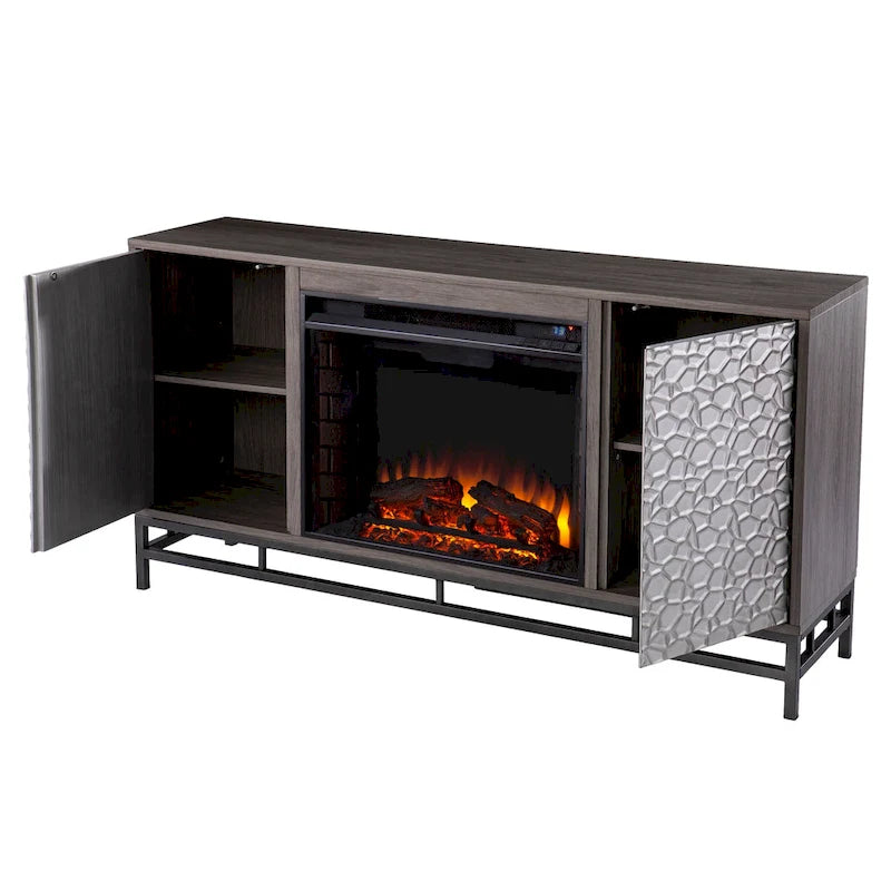 Contemporary Gray Wood Electric Fireplace with Media Storage