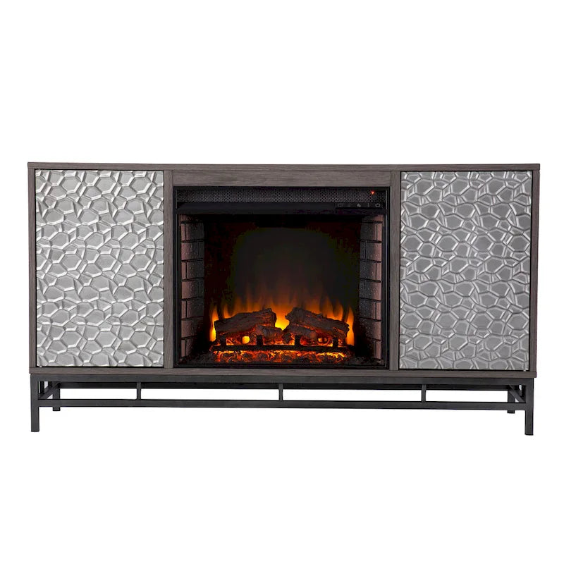 Contemporary Gray Wood Electric Fireplace with Media Storage