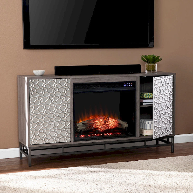 Contemporary Gray Wood Electric Fireplace with Media Storage
