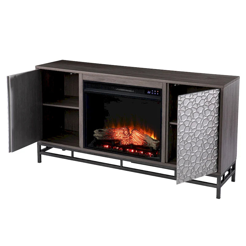 Contemporary Gray Wood Electric Fireplace with Media Storage