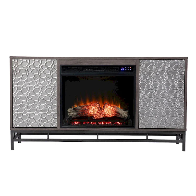 Contemporary Gray Wood Electric Fireplace with Media Storage