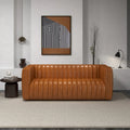 Mid-Century Modern Tight Back Genuine Leather Couch in Cognac Tan