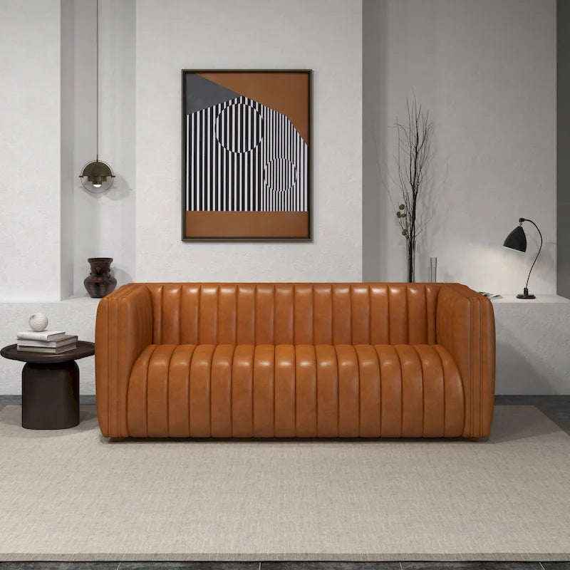 Mid-Century Modern Tight Back Genuine Leather Couch in Cognac Tan