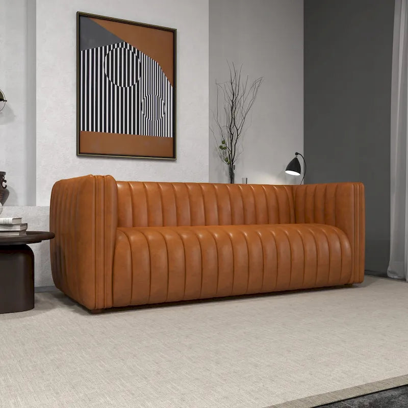 Mid-Century Modern Tight Back Genuine Leather Couch in Cognac Tan
