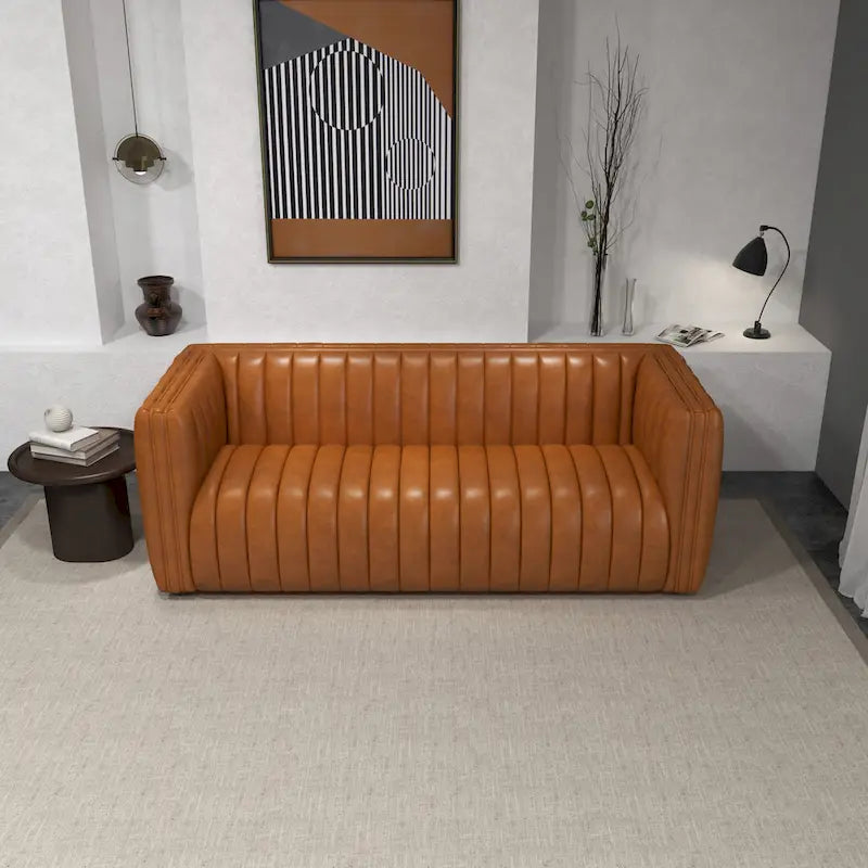 Mid-Century Modern Tight Back Genuine Leather Couch in Cognac Tan