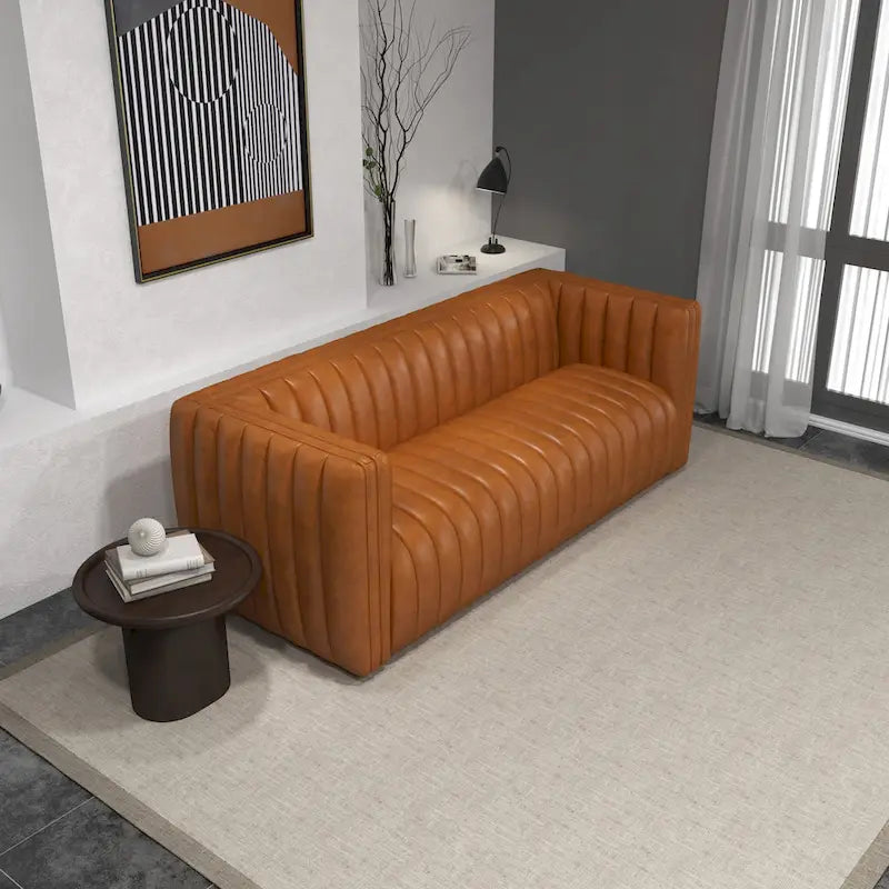 Mid-Century Modern Tight Back Genuine Leather Couch in Cognac Tan