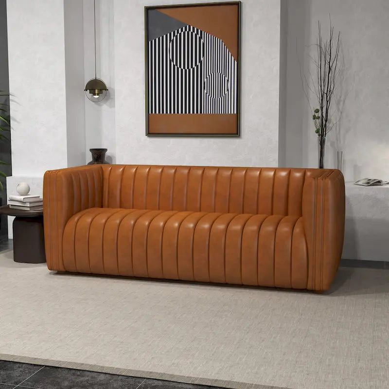 Mid-Century Modern Tight Back Genuine Leather Couch in Cognac Tan
