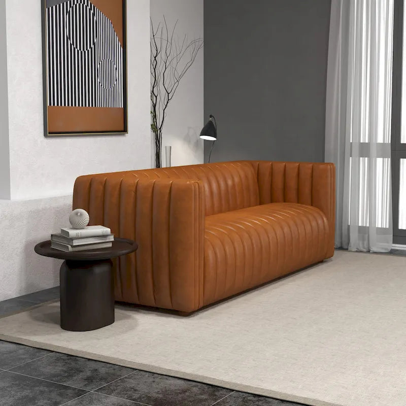 Mid-Century Modern Tight Back Genuine Leather Couch in Cognac Tan