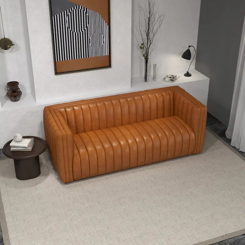 Mid-Century Modern Tight Back Genuine Leather Couch in Cognac Tan