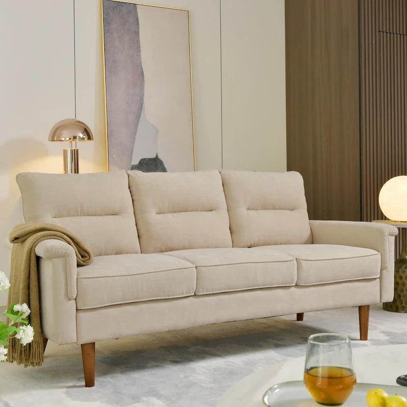 Mid-Century Modern Faux Leather Sofa with Wood Legs