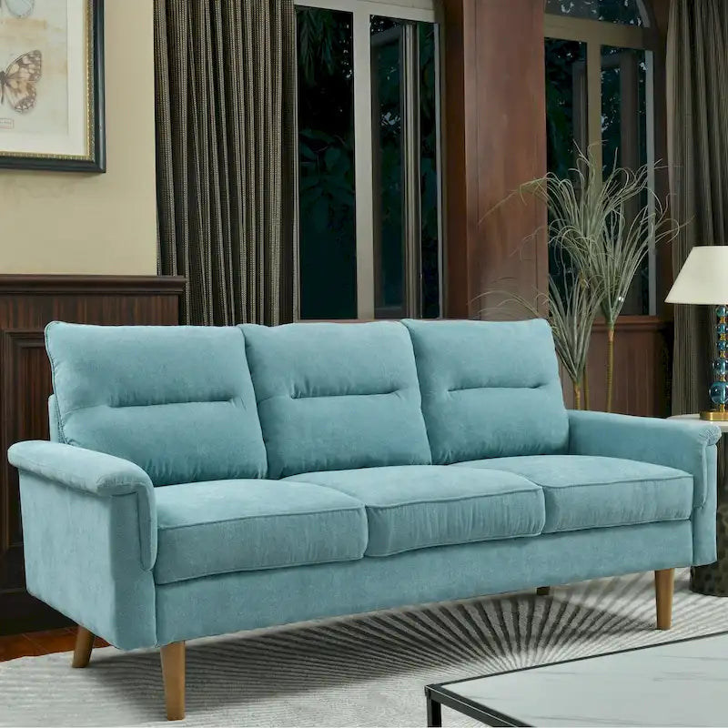 Mid-Century Modern Faux Leather Sofa with Wood Legs
