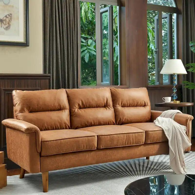 Mid-Century Modern Faux Leather Sofa with Wood Legs