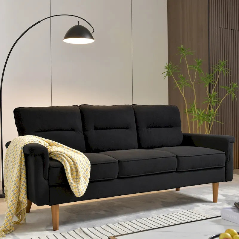 Mid-Century Modern Faux Leather Sofa with Wood Legs