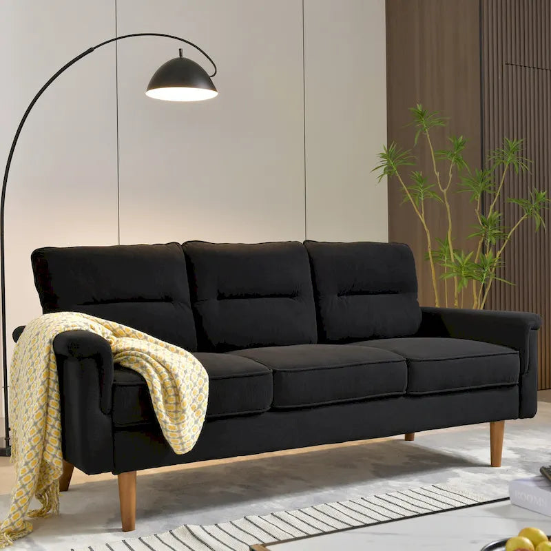 Mid-Century Modern Faux Leather Sofa with Wood Legs