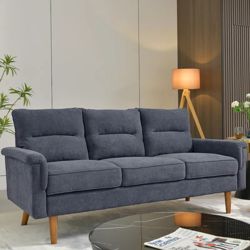Mid-Century Modern Faux Leather Sofa with Wood Legs
