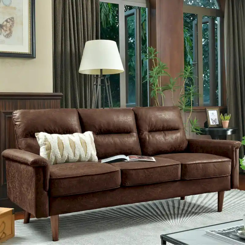 Mid-Century Modern Faux Leather Sofa with Wood Legs